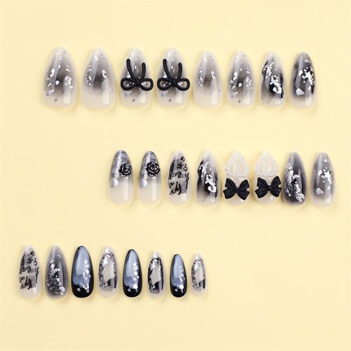 DOCVOEOMH Press on Nails Short Almond Shaped Pearls Acrylic Fake Nails with Black Bow Design Glue on Glossy Full Cover Artificial Gel False Stick on Nail for Girls Women Wedding Manicure 24Pcs