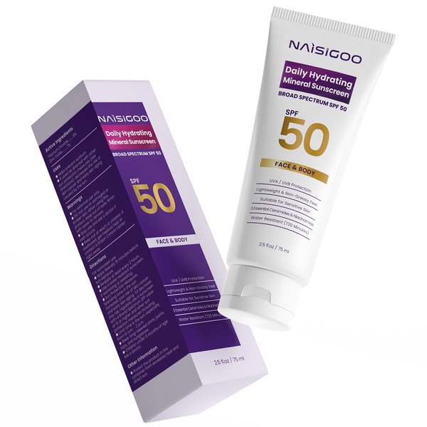 NAISIGOO Sunscreen for Face Body Mineral Sunscreen SPF 50 Travel Size Sunscreen Moisturizer Face, Broad Spectrum UVA/UVB Protection, Non-Greasy Water Resistant, Body Suncreen Lotion, 2.5 fl. oz