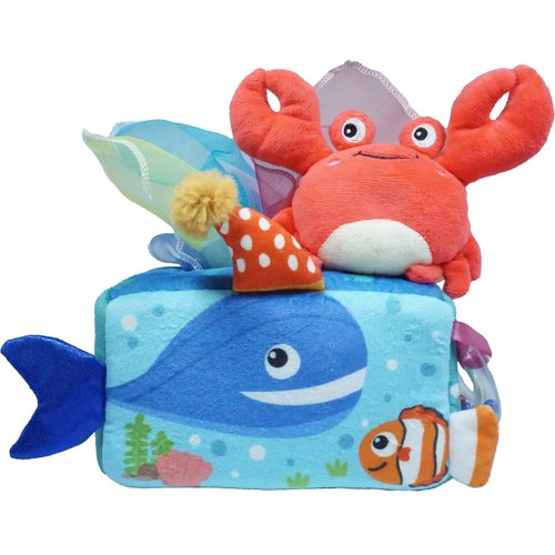 Toytellini Magic Little Sea Box - Baby Tissue Box Montessori Toy 6-12 Months, Baby Sensory Activity Box, 10+ Textured Fabrics with Crinkle Toy, Squeaky Crab, Rattle, Baby Boy Girl Gift for Christmas