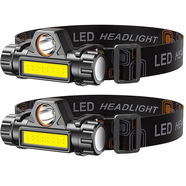 2 Pack Rechargeable Forehead Head Light - Night Walking Construction Headlamp USB 2000 Lumens Waterproof LED Lights Rotation Adjustment Modes for Camping Fishing Garage Work Headlight Flashlight