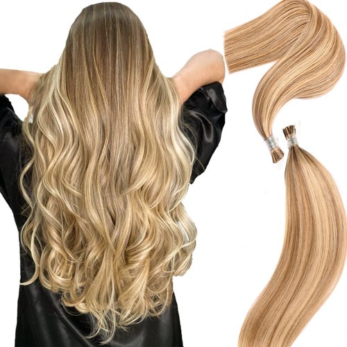 DIYOMO I Tip Hair Extensions - Human Hair, 18/613 Dark Blonde Highlighted Bleach Blonde 14 Inch I Tip Hair Extensions For Women Soft & Natural Itip Hair Extensions Itip Human Hair Extensions 50G/70S