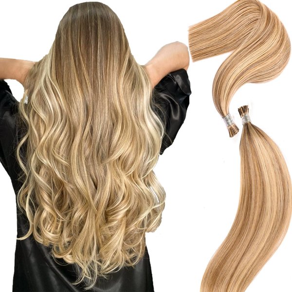 DIYOMO I Tip Hair Extensions - Human Hair, 18/613 Dark Blonde Highlighted Bleach Blonde 14 Inch I Tip Hair Extensions For Women Soft & Natural Itip Hair Extensions Itip Human Hair Extensions 50G/70S