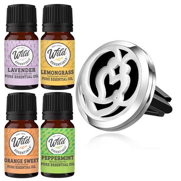 Wild Essentials Couple’s Heart Essential Oil Car Vent Diffuser Kit with Lavender, Lemongrass, Peppermint, Orange Oils, Stainless Steel Locket, 8 Refill Pads, Customizable Color Changing Air Freshener