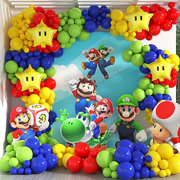 Mari Balloon Arch Kit Include Latex Balloons, Foil Star Balloons for Kids Mari Birthday Party Decoration Supplies Super Bros Baby Shower Party Decorations