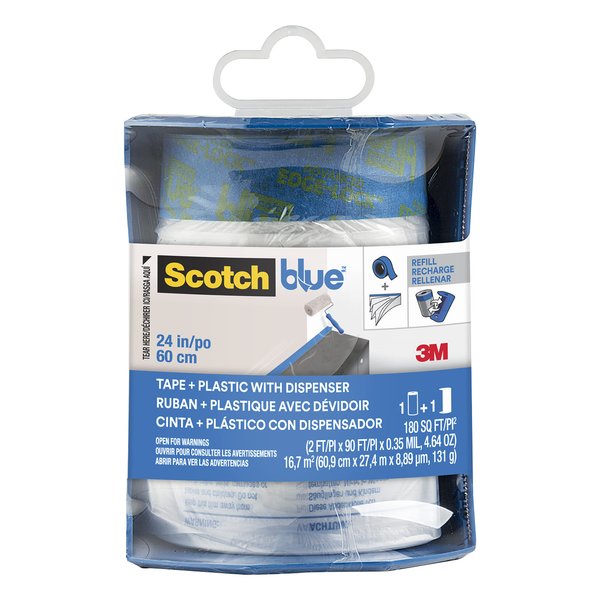 ScotchBlue Pre Plastic Painters Tape with Bladed Dispenser, 24 in x 30yd, Tape & Masking Film Combined in One Product, Static Cling to Stay in One Place, No Residue Masking Tape (PTD2093EL-24-S)