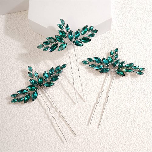 BERYUAN Wedding Crystal Hair Pins Teardrop Crystal Rhinestone Hair Piece Wedding Hair Accessories for Flower Girls Bridal Headband for Wedding(3PCS) (PEACOCK GREEN)