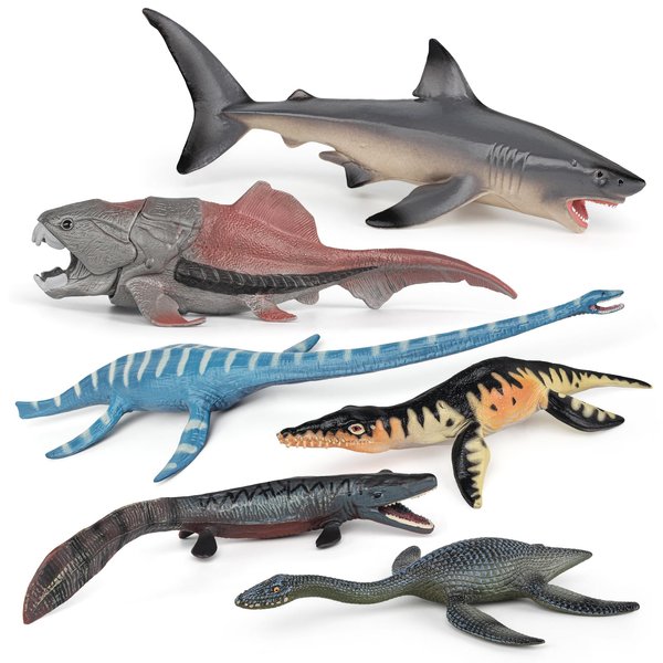 Fantarea Prehistoric Ancient Ocean Animal Model Figures Playsets 7 PCS Dunkleosteus Plesiosaur Tylosaurus Shark Figurines Party Favors Decoration Collection Toys for Boys Girls Kid