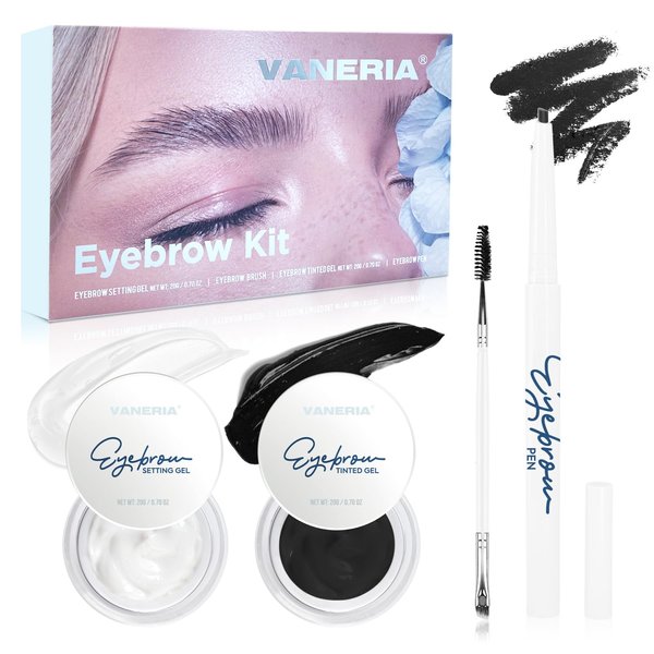 VANERIA Eye Brow Kit 4pcs,Brow Styling Soap,Brow Freeze For Fluffy Brows,Clear Brow Gel+Eyebrow Pomade+Eyebrow Pencils+Eyebrow Brush,Brow Wax Long Lasting Eyebrow Makeup.190g(Black)