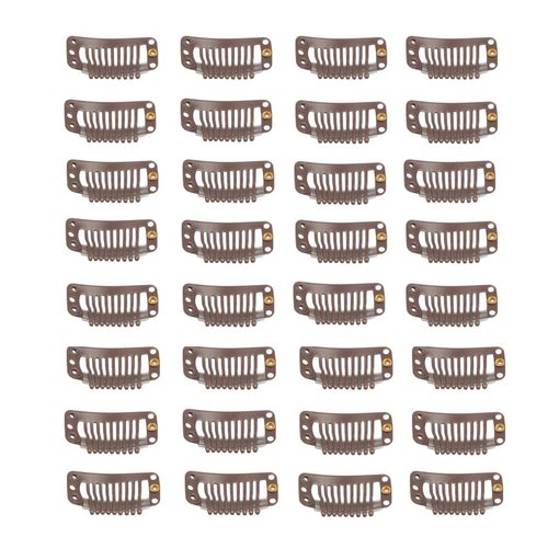 30pcs 9 Teeth Stainless Steel Snap Comb Wig Clips, Hair Extension Clips, Wig Accessories Clip with 30 Assorted Sewing Needles and 2 Rolls Thread (Dark Brown)
