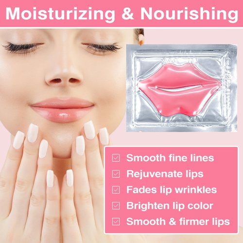 PERVALA 30Pcs Moisturizing Collagen Crystal Lip Mask, Lip Care Gel Pads for Dry Lips, Anti-Aging Lip Patches, Reduce lip Wrinkles, Remove Chapped Skin, Firming & Hydrating & Plumping Your Lips（Pink）