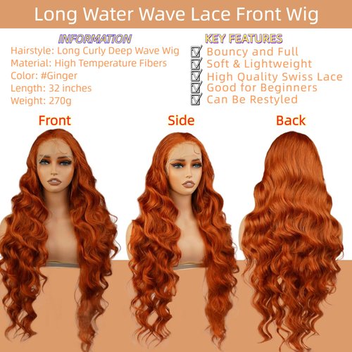 MISS FANCY 32 Inch Ginger Lace Front Wigs For Black Women 13X6 HD Frontal Lace Pre Plucked Glueless Wigs with Baby Hair Body Wave Synthetic Heat Resistant Fiber Wig Daily Wear and Go