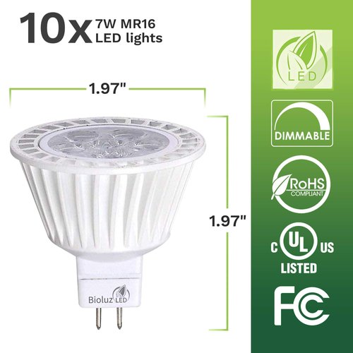 Bioluz LED 10 Pack MR16 LED Bulb Dimmable 50W Halogen Replacement 3000K 7w 12V AC DC UL Listed High CRI