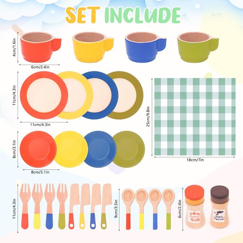 HAPGFS 30 PCS Wooden Play Dishes and Plates for Kids, Montessori Wooden Kitchen Accessories Tableware Set Toys for Toddler Gifts, Pretend Play Food Sets for Children Birthday 3 4 5 6 Boys Girls