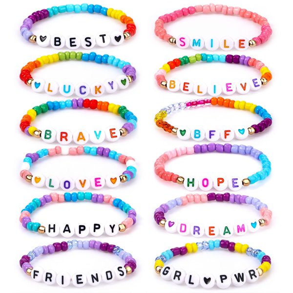 Lorfancy 12Pcs Kids Bracelets for Girls Letter Beads Bracelets Toddler Baby Cute Friendship Princess Stretchy Pretend Play Bracelet Costume Jewelry Accessories (A-12 pcs)