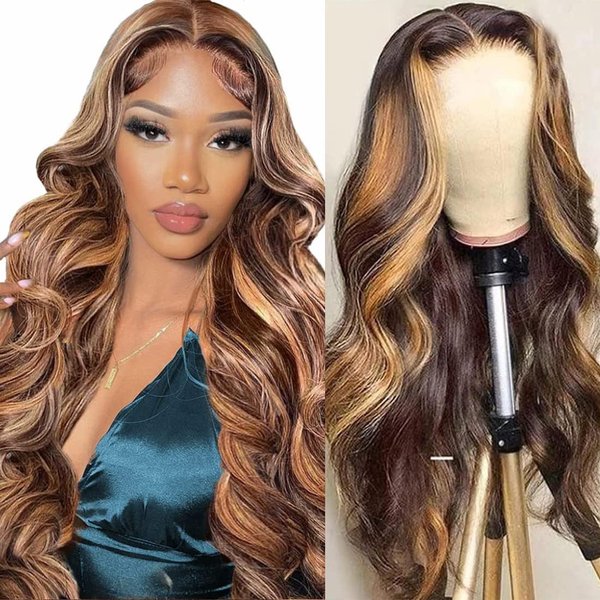 28 Inch Highlight Ombre Lace Front Wig Human Hair Honey Blonde 4/27 Body Wave HD Transparent 13x4 Full Frontal Wig with Elastic Band 180% Density Wear And Go Glueless Wigs Human Hair for Women
