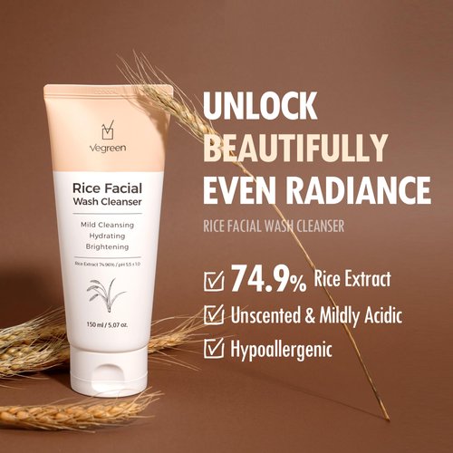 VEGREEN Rice Face Wash Mild Foaming Facial Cleanser for Dry Skin | pH Balancing Hydrating Facial Cleanser Face Wash for All Skin Types | Moisturizing Face Cleaner for Skin Brightening 5.07 fl oz