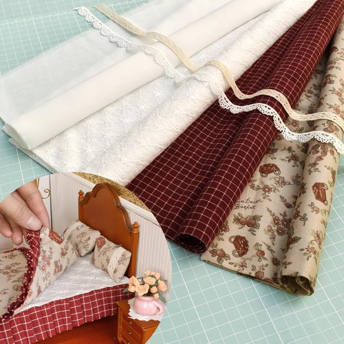iLAND Dollhouse Fabric Bundles w/Laces, DIY Dollhouse Bedding, Curtains, Cusions, Tablecloths or Doll Making (Cute Idyll)