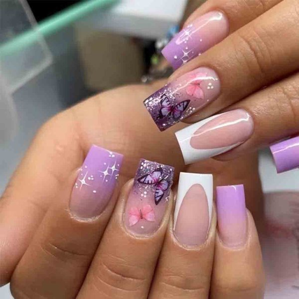Foccna French Press on Nails Purple Fake Nails Sequins Glitter Acrylic Butterfly Artificail Long, Purple Full Cover Fake Nails with Design Nail Tips for Women,24PCS