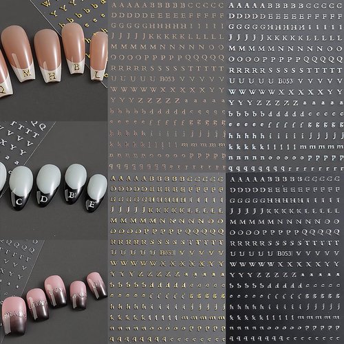 8 Sheets Letter Nail Stickers 3D Self-Adhesive Nail Art Stickers Laser Black White Gold Silver English letters Nail Decals Letter Nail Design Stickers for Women and Girls DIY Nail Decor