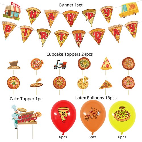 Pizza Theme Birthday Decoration Pizza Party Supplies with Happy Birthday Banner Cake Cupcake Toppers Balloons for Kids Boys Girls Birthday Baby Shower