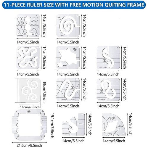 Free Motion Quilting Template Rulers 14 Set Quilting Ruler 3mm with Quilting Frame for Domestic Sewing Machine with Low Shank Ruler add 48pcs Non-Slip Grips 14