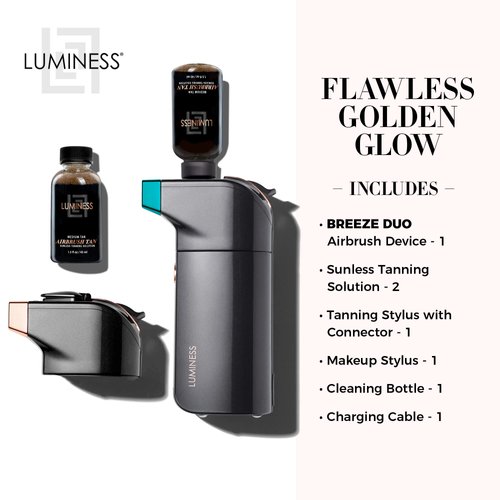 LUMINESS BREEZE DUO TANNING AIRBRUSH SYSTEM, Medium Tan – Self Tanner Kit includes Breeze Device with Makeup Stylus, Tanning Stylus & Sunless Tanning Solution - Long-Lasting, Buildable, Flawless Tan