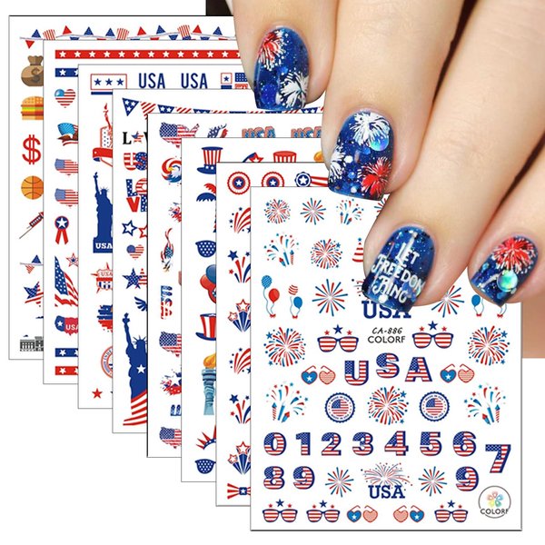 8 Sheets 4th of July Nail Stickers Self-Adhesive American Flag Independence Day Nail Decals Patriotic Nail Art Stickers Eagle Fireworks Heart Stars Nail Design Nail Art Supplies for Women Nail Decor