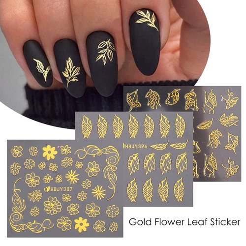 Flowers Nail Art Stickers Decal 3D Self-Adhesive Gold Flower Leaf Lace Nail Supplies Flower Nail Stickers Geometry Line Nail Designs for Women Girls Nail Art Decorations(Gold)
