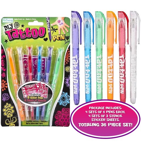 ArtCreativity Shimmery Temporary Tattoo Pens for Kids, 4 Pack, Each Pack with 6 Tattoo Markers & 3 Stencil Stickers, Washable Tattoo Body Ink, Sparkle Girls Fashion Activity, Sparkly Tats Body Art Set