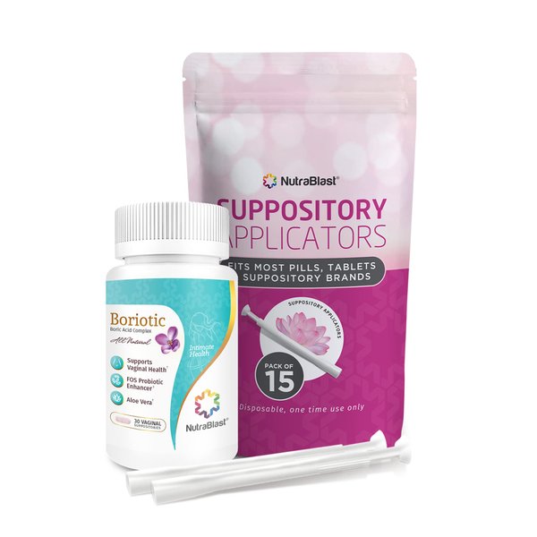 NutraBlast Boric Acid Vaginal Suppositories 800mg Complex w/FOS Prebiotic Enhancer & Aloe Vera w/Vaginal Applicator, 30 Suppositories & 15 Applicators - pH Balance, Feminine Care - Made in USA