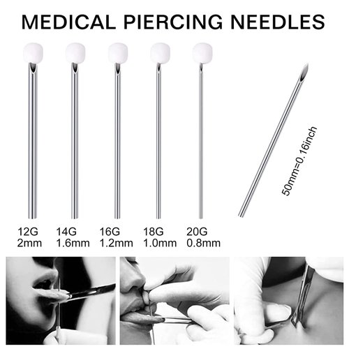 Lyuxzad Ear Nose Piercing Needles 50Pcs Mixed Piercing Needles 12G 14G 16G 18G and 20G Hollow Needles Stainless Steel for Piercing Ear Nose Navel Nipple Lip Tongue Belly Piercing Kit Piercing Tools