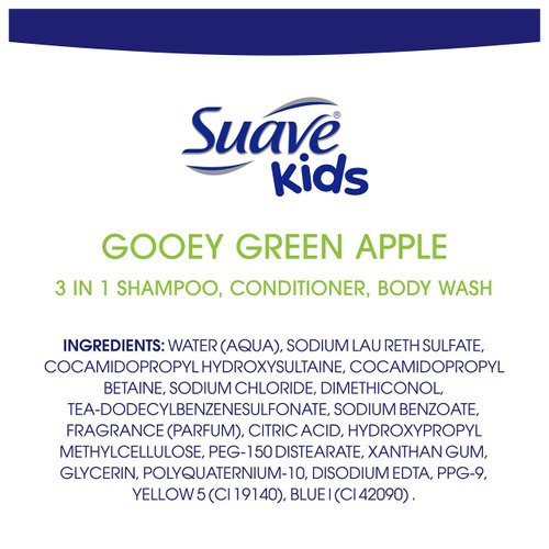 Suave Kids Shampoo, Conditioner, Body Wash 3 in 1 for Ease Gooey Green Apple Tear-Free 10 oz