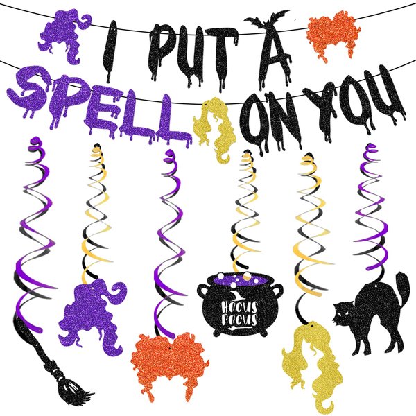Glitter I Put A Spell On You Banner and Hocus Pocus Hanging Swirl Halloween Witches Party Decoration Hocus Pocus Birthday Decoration Supplies