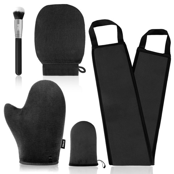 IMYMEE 5 Pack Self Tanning Mitt Applicator Kit, Self Tanner Mitt Includes Self Tan Glove, Face Tan Mitt, Back Lotion Applicator, Exfoliating Glove, Tanning Brush Multi-Purpose Self-Tanning Set(Black)