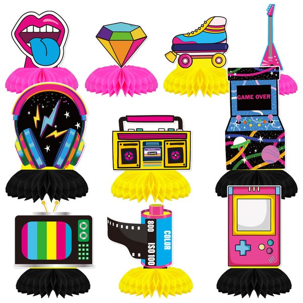 90s Party Decorations 10pcs 90's Honeycomb Centerpieces 90s Retro Neon Table Toppers for 1990s Hip Hop Birthday Party Favors Supplies Retro Party Decor
