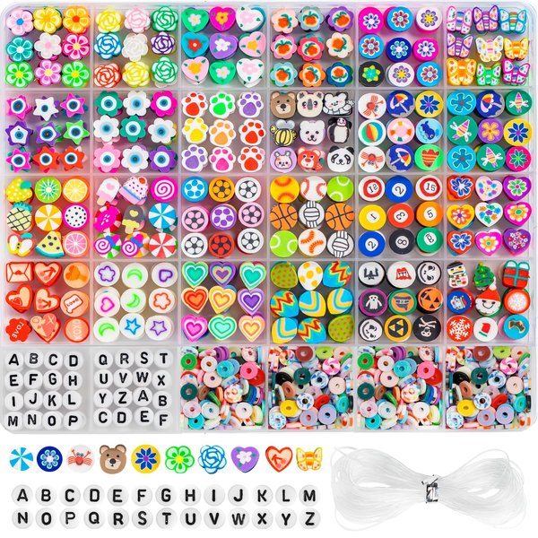 1000Pcs Polymer Clay Beads Bracelets Making kit, 24 Style Cute Fun Beads Friendship Bracelet Making kit with Letter Beads Charms Beads for Jewelry DIY Arts Crafts Girts Toys for Kids Girls Age 6-12