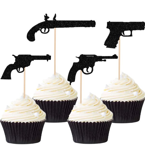 24 PCS Gun Cupcake Toppers Black Glitter Gun Pistol Shooting Themed Cupcake Picks Baby Shower Birthday Party Cake Decorations Supplies