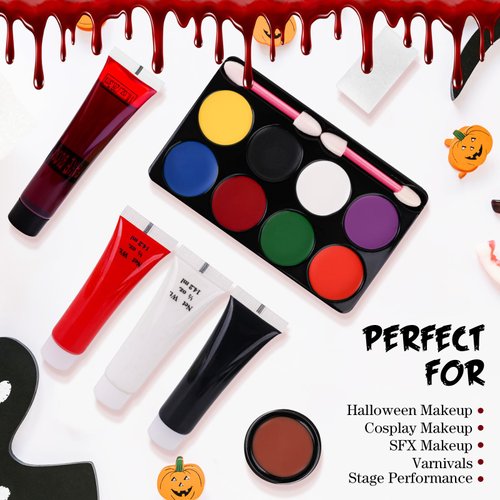 8 Colors Face Body Paint Kit, Halloween SFX Makeup, Black White Red Face Paint + SFX Fake Blood Washable + Fake Skin Imitation, Body Painting Kit for Halloween SFX Makeup Cosplay Joker Costume Part