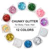 12 Colors Body Glitter Gel Kit, Super Long Lasting Holographic Chunky Glitter Gel Festival Party Makeup for Face, Body, Hair, Nail Art, Eyeshadow, 3Pcs Sponge Makeup Brush Include (Set A)
