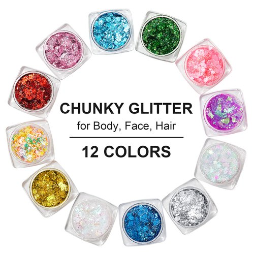 12 Colors Body Glitter Gel Kit, Super Long Lasting Holographic Chunky Glitter Gel Festival Party Makeup for Face, Body, Hair, Nail Art, Eyeshadow, 3Pcs Sponge Makeup Brush Include (Set A)