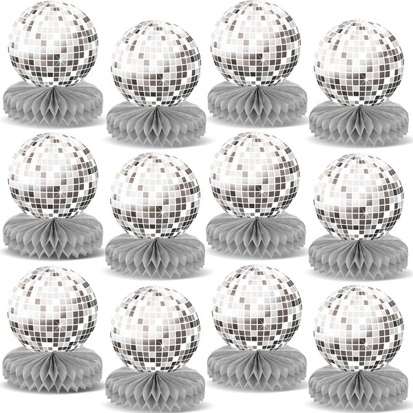 12PCS Disco Theme Party Honeycomb Centerpieces 70s Birthday Party Decorations 70s Disco Party Table Toppers Disco Ball Party Table Centerpieces for Silver Disco Back To 70s Party Supplies (Not Ball)