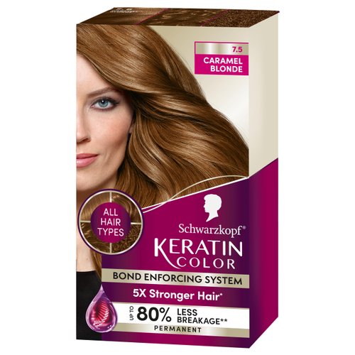 Schwarzkopf Keratin Color Permanent Hair Color, 7.5 Caramel Blonde, 1 Application - Salon Inspired Permanent Hair Dye, for up to 80% Less Breakage vs Untreated Hair and up to 100% Gray Coverage