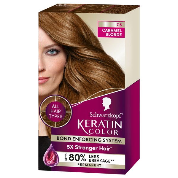 Schwarzkopf Keratin Color Permanent Hair Color, 7.5 Caramel Blonde, 1 Application - Salon Inspired Permanent Hair Dye, for up to 80% Less Breakage vs Untreated Hair and up to 100% Gray Coverage