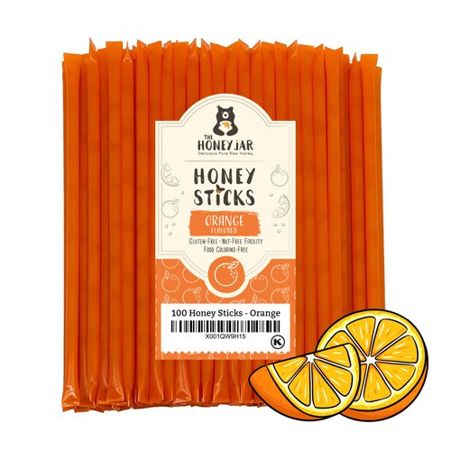 The Honey Jar Orange Flavored Honey Sticks - Pure Honey Straws For Tea, Coffee, or a Healthy Treat - One Teaspoon of Flavored Honey Per Stick - Made In The USA with Real Honey - (100 Count)