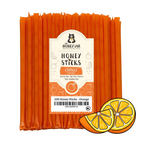 The Honey Jar Orange Flavored Honey Sticks - Pure Honey Straws For Tea, Coffee, or a Healthy Treat - One Teaspoon of Flavored Honey Per Stick - Made In The USA with Real Honey - (100 Count)