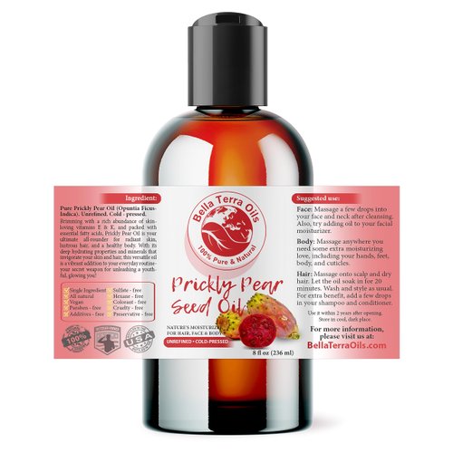 Bella Terra Oils - Prickly Pear Seed Oil 8 oz - The Symmetry of Cactus Extract & Barbary Fig, Overflowing with Vitamin B & Zinc, A Precious Skin Delight