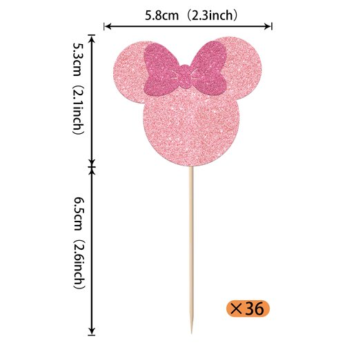 Rsstarxi 36 Pack Glitter Mouse Birthday Cupcake Toppers with Pink Bow Mouse Cupcake Picks Decorations for Baby Shower Wedding Kids Birthday Party Cake Decorations Pink