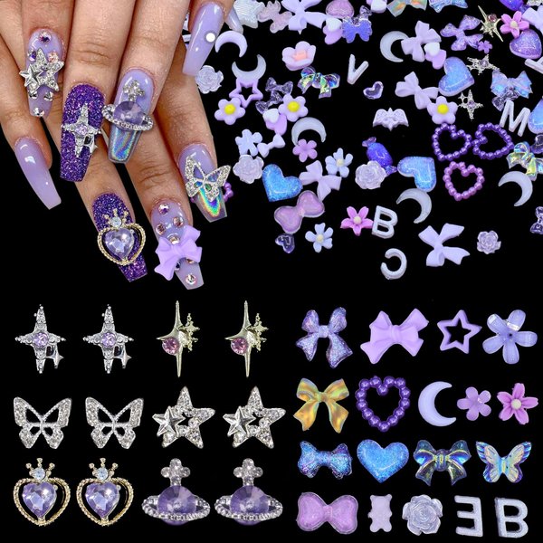 320Pcs 3D Alloy Pearl Nail Charms Purple Butterfly Planet Heart Star Nail Rhinestones Gems Charms Bow Flower Nail Charms for Manicure DIY Craft Jewel Accessories