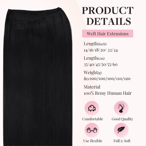 MAXITA Sew in Human Hair Extensions Jet Black Weft Hair Extensions Real Human Hair 100g 16 Inch Silky Stright Double Weft Black Hair Weft Extensions Sew in Real Hair Extensions