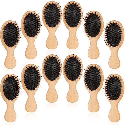 Tessco 12 Pcs Mini Travel Wooden Hair Brush for Women Girls Hair Mini Pocket Hairbrush Boar Bristle Hair Brushes Small Wooden Hair Brush Bulk for Thick Curly Thin Long Short Wet or Dry Hair